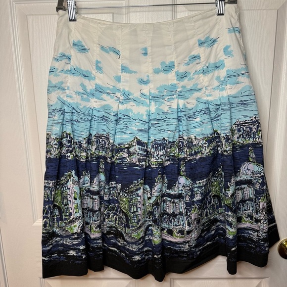 Talbots Blue and White Full Pleated Skirt with Image of Venice Italy Size 12 GUC - Picture 2 of 9